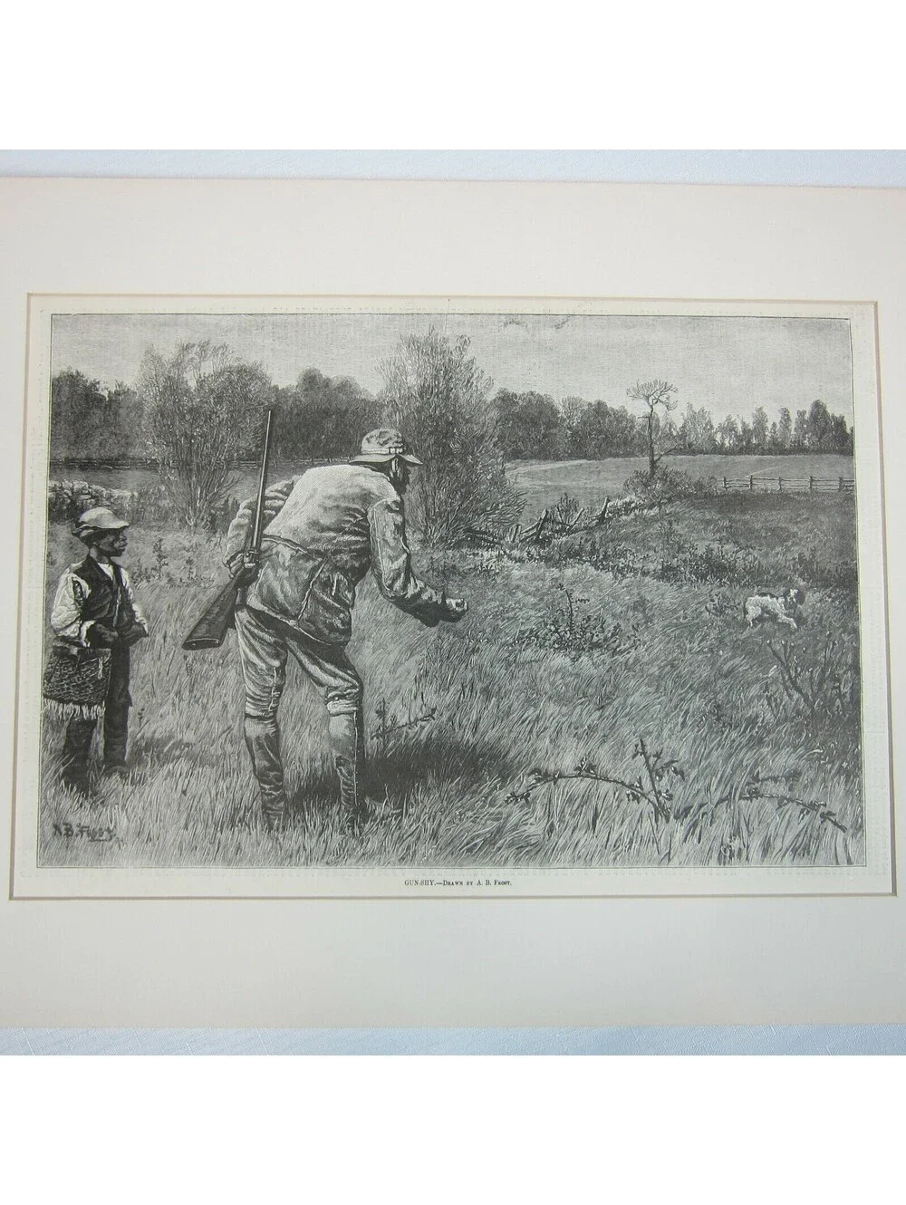 Antique 1880 Wood Engraving Print Gun-Shy Black Hunter Scared Dog Harpers Weekly